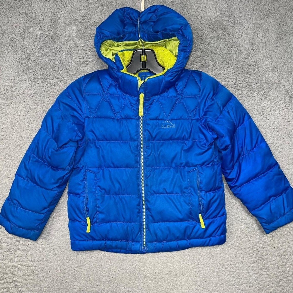 LL Bean Down Puffer Jacket Youth Size S 4 Blue Hooded Green Sherpa Lined Downtek